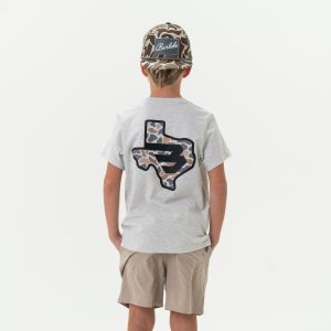 Youth Short Sleeve Tee - Texas Camo Flying B Logo - Heather Ash Grey